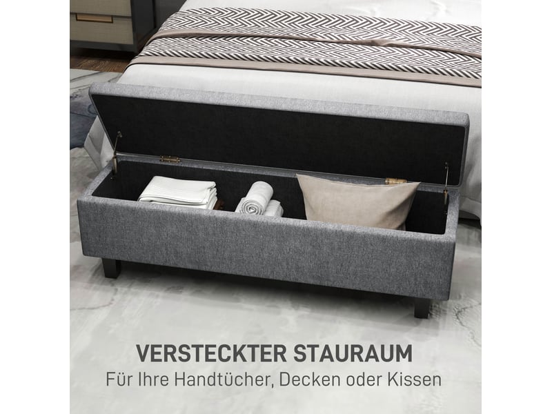  Banc coffre tcqpz rembourré 138 x 40 x 45 cm rangement sous assise tissu aspect lin gris foncé  - Conforama E