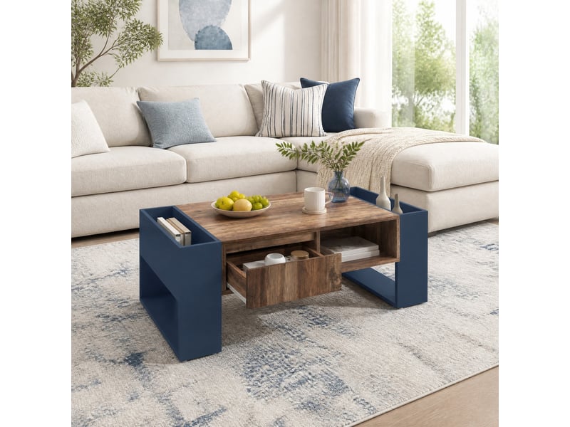  Table basse rectangulaire avec 1 tiroir sans poignée et compartiments de rangement, bois naturel, pour salon, 111 x 60 x 40 cm  - Conforama B