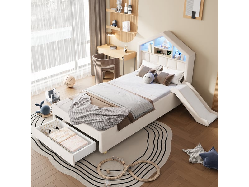  Lit enfant cabane 90x200 avec toboggan et rangement evryae  - Conforama C