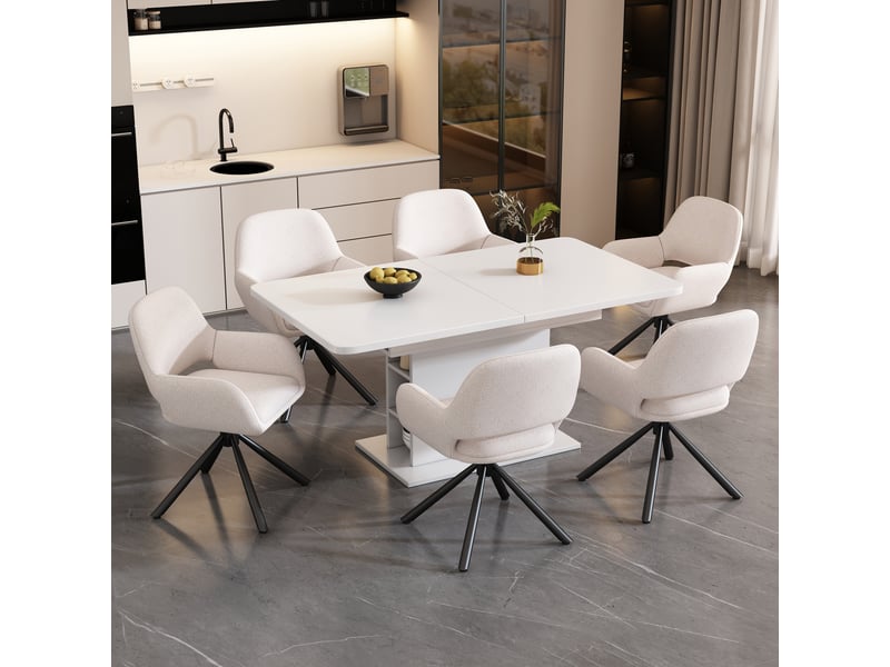  Lot de 6 chaises de salle à manger 60x60x80 cm, pivotantes, accoudoirs, tissu sherpa, bois, métal, blanc  - Conforama B