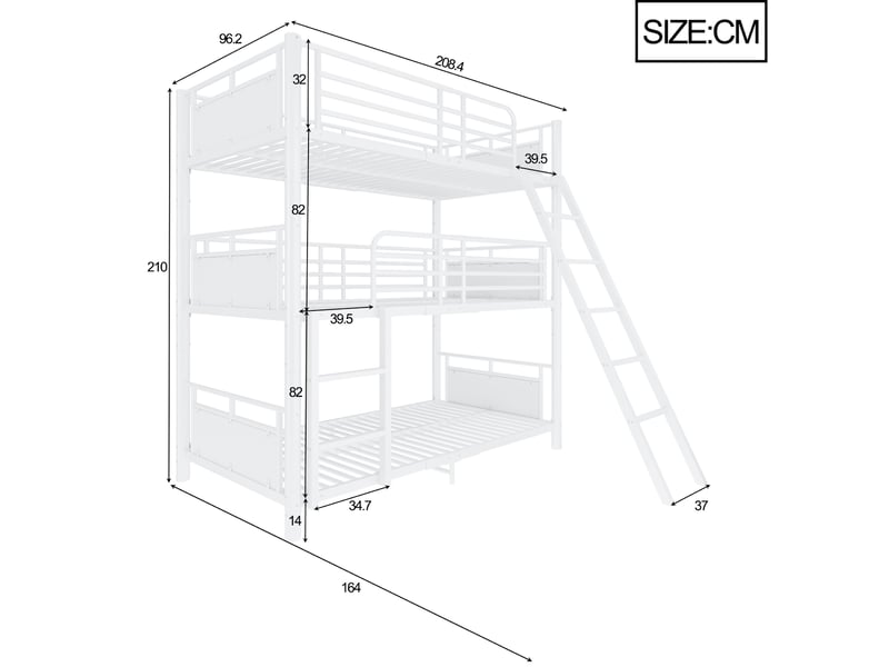  Lit superposé triple modenvie 90 x 200 cm 3 couchages métal blanc  - Conforama C