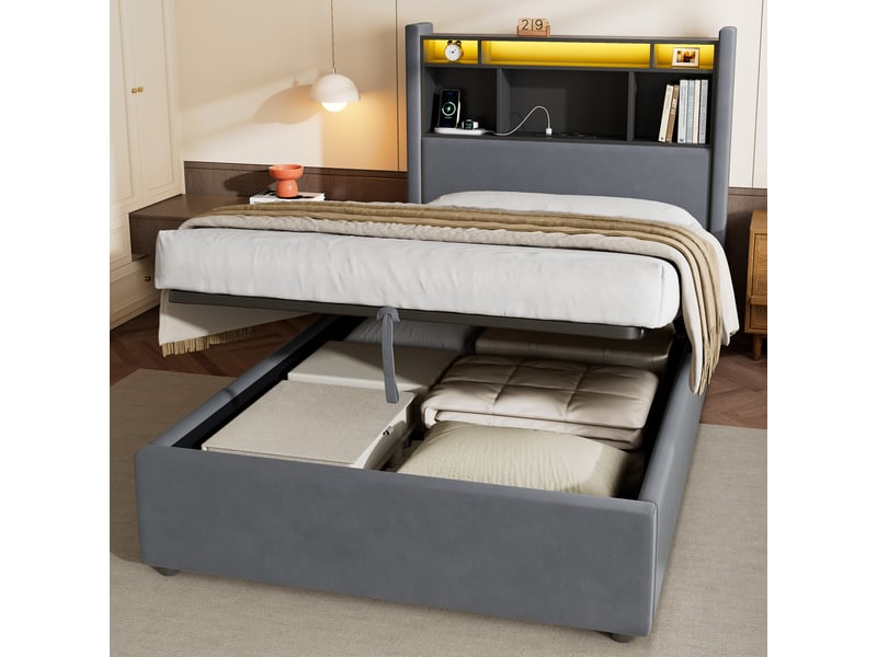 Lit simple 90×200 cm, led, prises et rangements ouverts en tête de lit, lit rembourré avec veilleuse, sans matelas - gris - Conforama B
