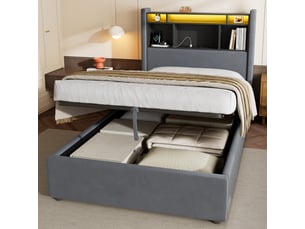 Lit simple 90×200 cm, led, prises et rangements ouverts en tête de lit, lit rembourré avec veilleuse, sans matelas - gris
