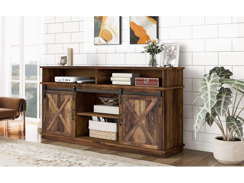  Meuble tv style ferme 148x40x78 cm - portes coulissantes, étagères réglables, rangement salon  - Conforama B