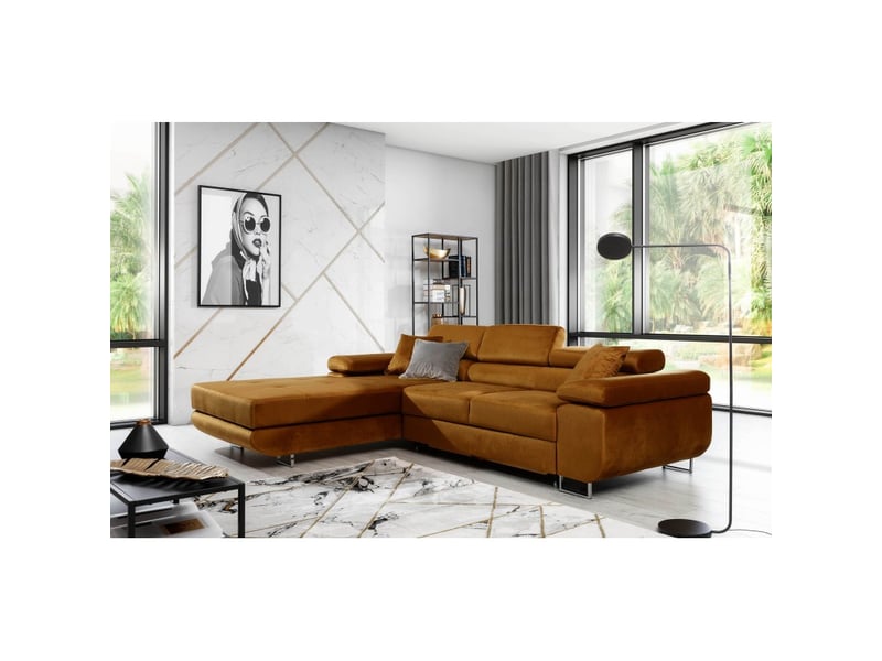 Canapé d'angle convertible amanda orange foncé effet velours avec coffre - Conforama B