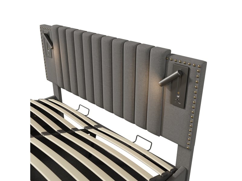  Lit adulte 140x200cm, lit coffre, lit double avec lampe de lecture, usb, sommier et matelas, rangement, coton gris  - Conforama E