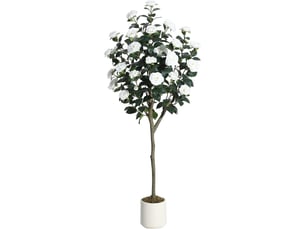 Camélia artificiel rouge 150 cm avec pot – fleurs en soie réalistes – pour maison, bureau et extérieur couvert