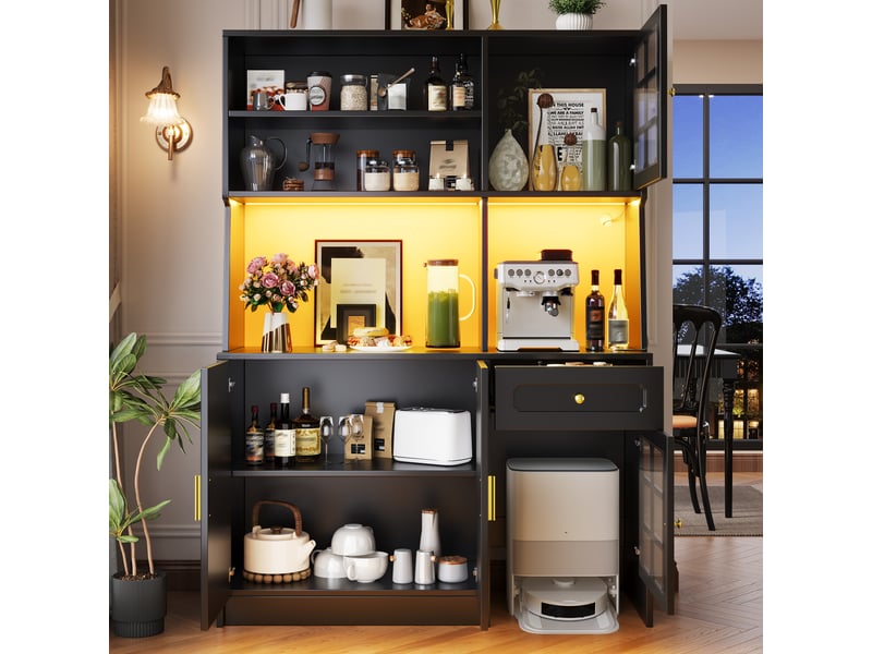  Meuble de cuisine muvano, buffet de cuisine avec portes vitrées, noir, 130 × 45 × 180 cm  - Conforama C