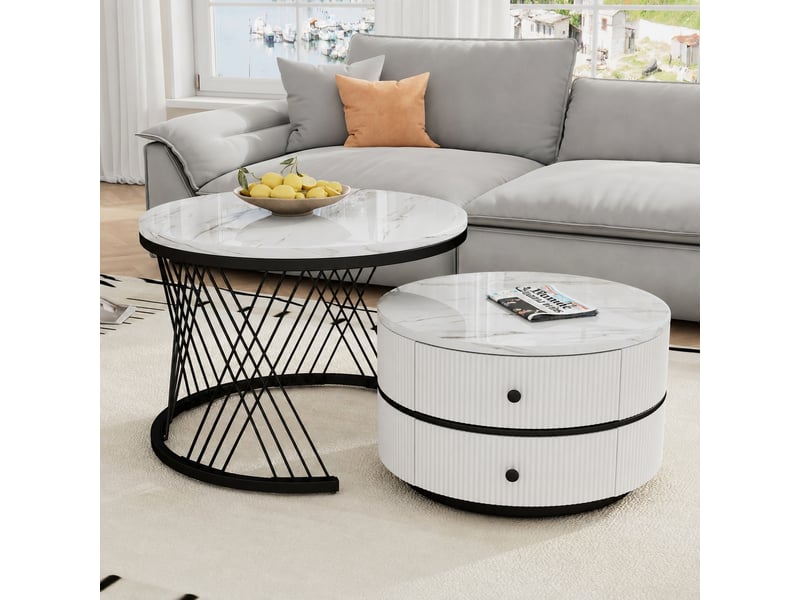 Ensemble de deux tables basses rondes gigognes blanches, effet marbre haute brillance, avec tiroirs - Conforama B