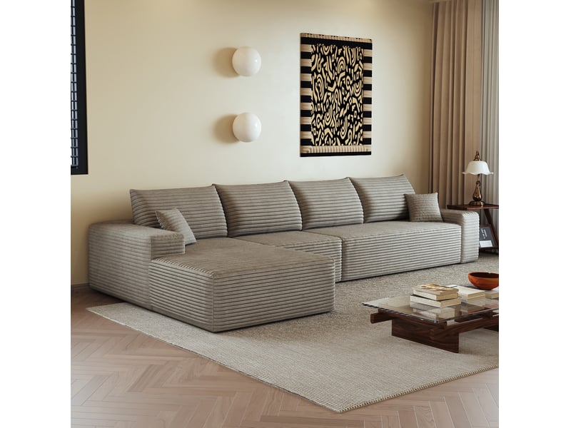 Canapé d'angle modulable compressé 4 places avec méridienne gauche, en velours côtelé camel - Conforama B