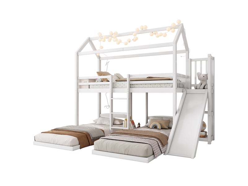 Lit superposé enfant à 3 couchages 90x200 cm avec toboggan, échelle et rangement blanc - Conforama A