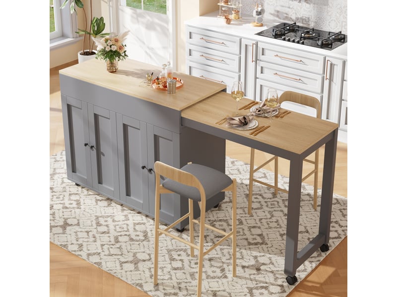  Table de bar extensible avec espace de rangement, îlot central de cuisine pour 4 à 6 personnes, 118-180x50x94cm, couleur grise  - Conforama C