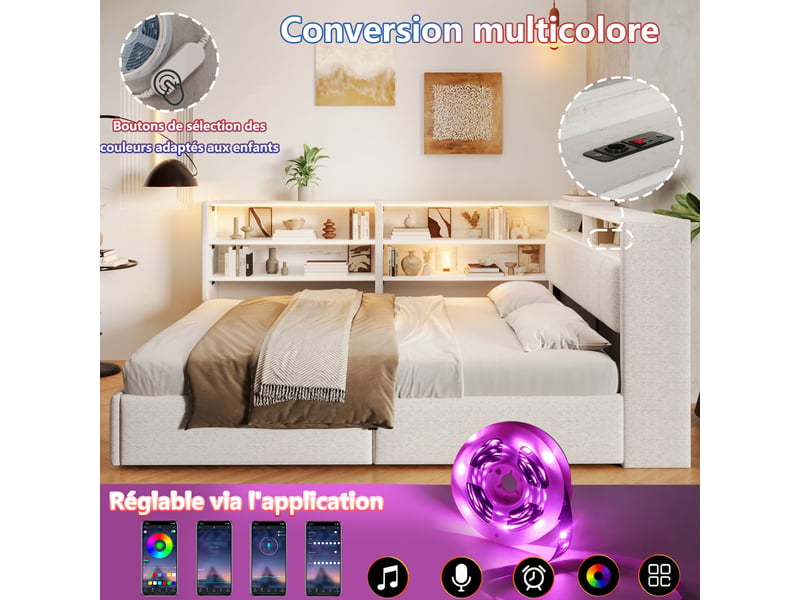  Canapé-lit 140 x 200 cm, suspension hydraulique, prise électrique, caisson latéral réversible (gauchedroite) avec port usb et éclairage led, sans matelas, velours blanc crème.  - Conforama E