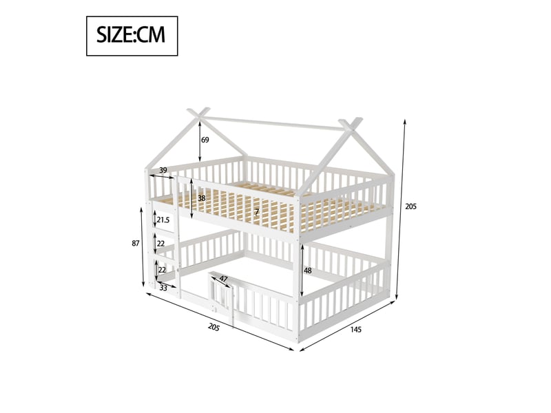  Lit superposé enfant 140x200 cm avec escalier, barrières et toit, blanc  - Conforama C