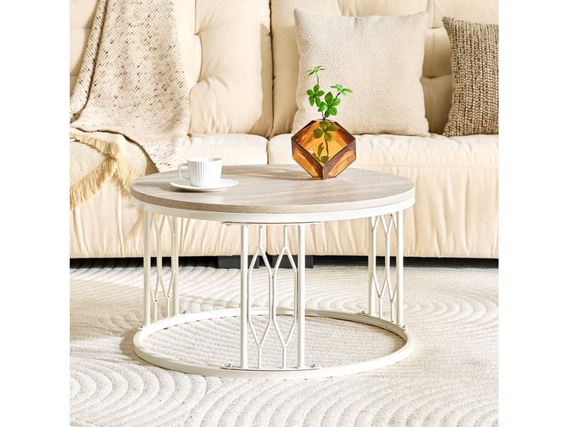  Table basse ronde 70 cm en mdf aspect bois et métal blanc, hauteur 40,5 cm  - Conforama B