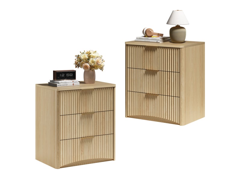 Table de chevet 58x38x64 cm – chêne – 3 tiroirs, design rainuré, poignées métalliques et structure stable  - Conforama A