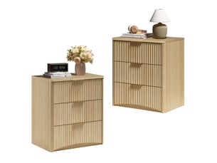 Table de chevet 58x38x64 cm – chêne – 3 tiroirs, design rainuré, poignées métalliques et structure stable