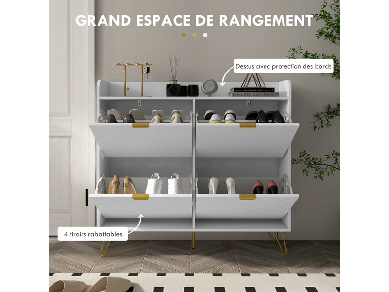  Meuble à chaussures 4 abattants, avec étagère réglable, rangement chaussure 106 x 24 x 102 cm, blanc  - Conforama E