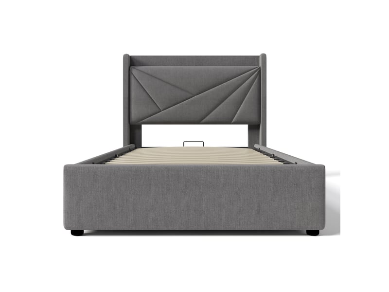  Lit coffre enfant 90x200 cm, espace de rangement, usb type-c et sommier, coton lin gris, sans matelas  - Conforama D