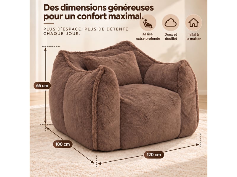  Fauteuil pouf paresseux en fausse fourrure, sans montage, rempli de mousse déchiquetée haute densité, design ergonomique,khaki  - Conforama B