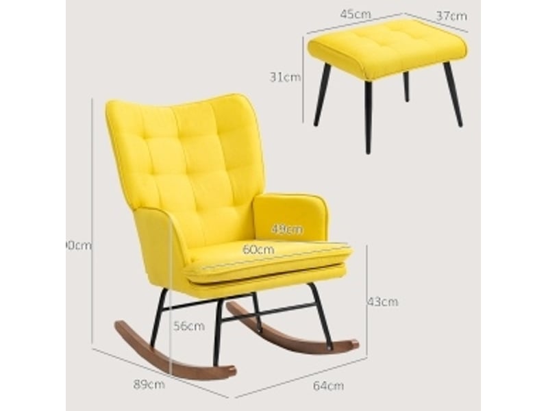  Fauteuil à bascule avec repose-pieds, dossier haut rembourré et accoudoirs, structure en bois et acier, en polyester jaune  - Conforama C