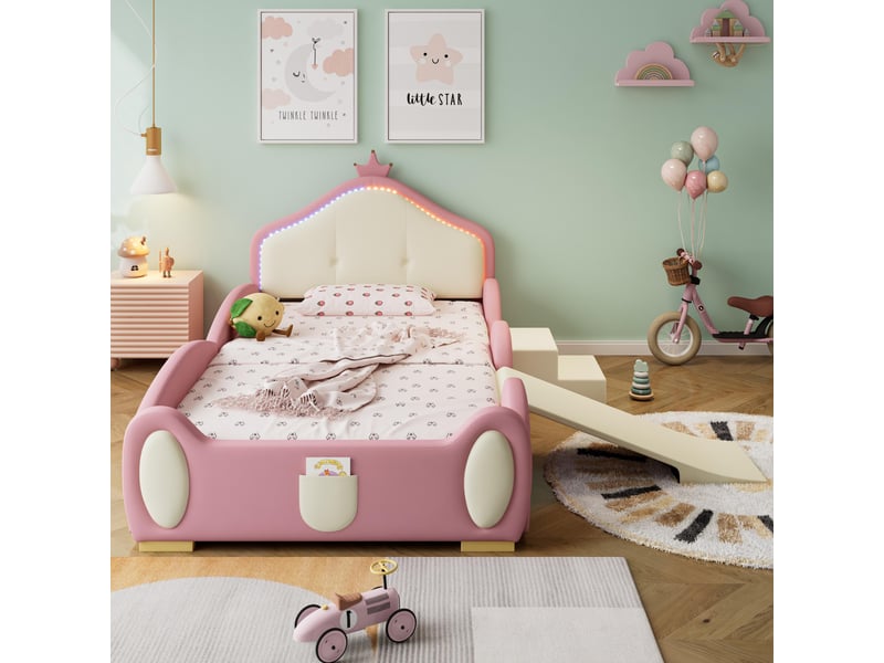  Lit enfant 90x200 cm avec toboggan, lit princesse avec escalier et ruban led multicolore, design de couronne de dessin animé, sommier à lattes, rose  - Conforama C