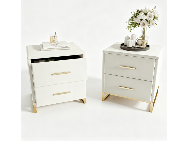  Table de chevet lot de 2, 2 tiroirs de rangement, base métallique dorée, velours beige, style moderne et chic  - Conforama A
