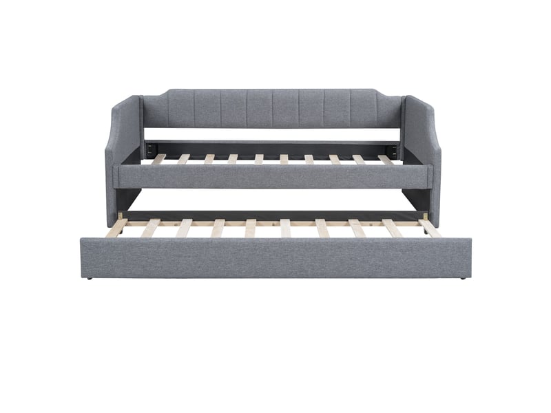  Lit enfant 90x200(190)cm,lit gigogne en lin avec dossier incurvé,bras larges et roulettes,gris lit enfant gris - Conforama C