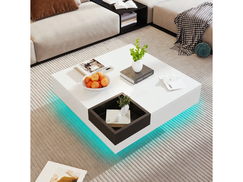  Table basse carrée avec coffre de rangement amovible et led multicolore, blanche et noire, 72 x 72 x 30 cm  - Conforama E