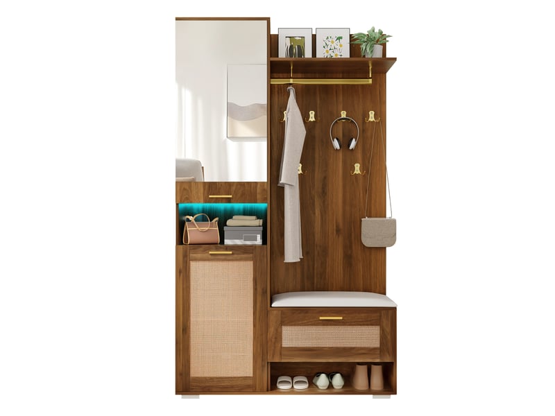  Meuble d'entrée avec miroir, 3 portes, banc, 6 crochets et led 16 couleurs pour couloir, noyer, 110 × 38 × 190 cm  - Conforama A