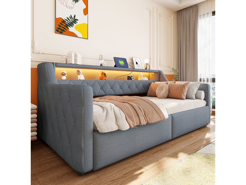 Lit coffre hydraulique 90x200 cm avec led, usb et usb-c, tissu lin gris, structure mdf, sans matelas - Conforama R