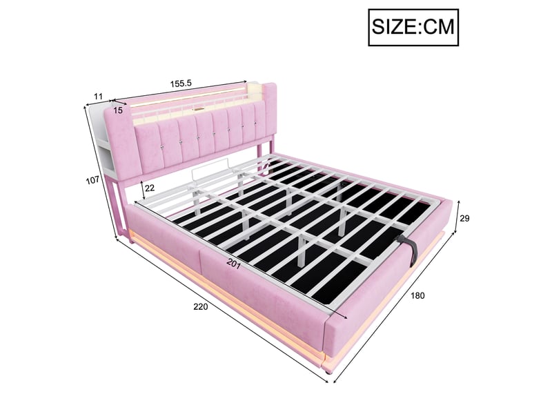 Lit coffre 180 x 200 cm avec rangement hydraulique, led et usb, lit double rembourré en velours avec rangement intégré dans la tête de lit - rose - Conforama D