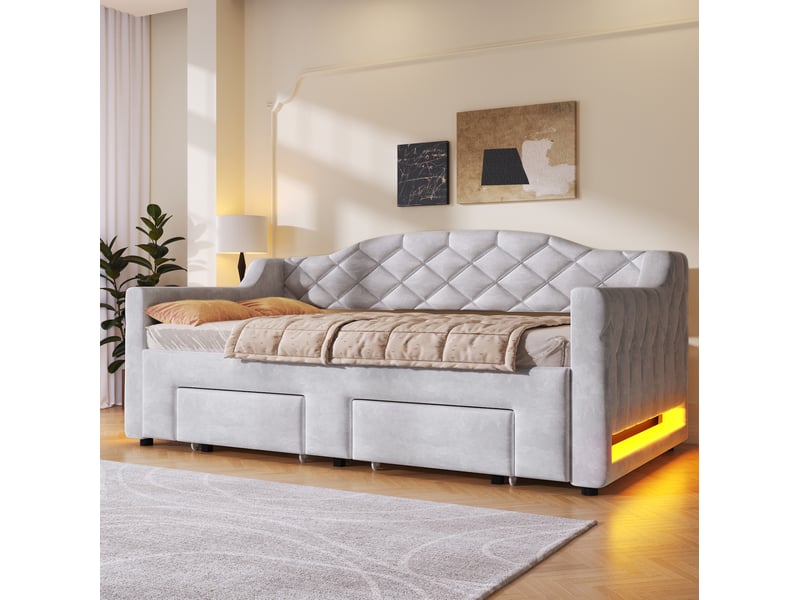 Lit banquette extensible 90x200-180x200 cm avec led, 2 tiroirs, lit gigogne, lit enfant, mdf, velours gris sans matelas  - Conforama B