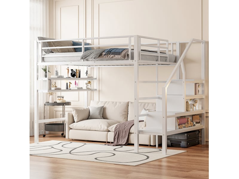  Lit mezzanine 140x200cm, sommier, barrière, lit 2 places, escalier intégré, étagères de rangement, métal+mdf, blanc, sans matelas  - Conforama D