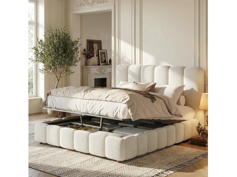  Lit double 140 × 190 cm avec coffre relevable hydraulique sommier et tête de lit en bouclette blanche pour chambre  - Conforama B