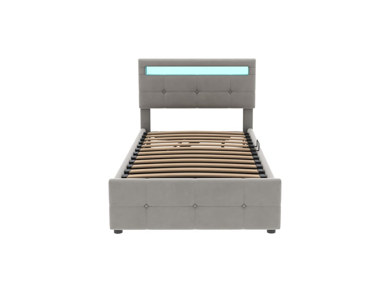  Lit coffre 90x200 cm avec led et tête réglable, velours, gris, sans matelas  - Conforama D