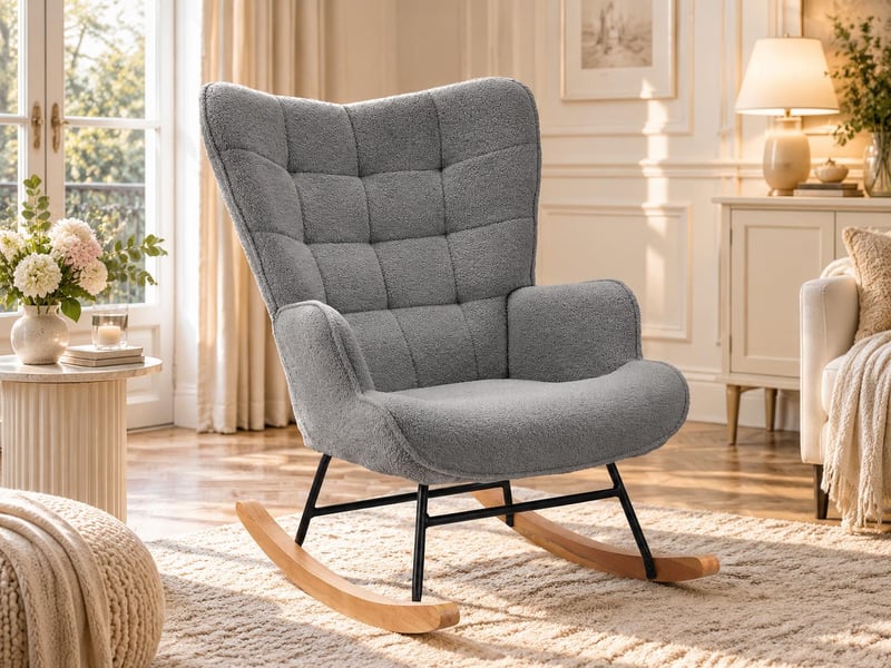  Gray teddy bear plush rocking chair, square tufted high-backed cushioned rocking chair with wooden rocking rod, suitable for bedroom, nursery, and living room.  - Conforama B
