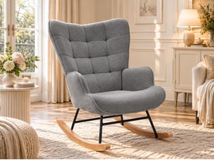 Gray teddy bear plush rocking chair, square tufted high-backed cushioned rocking chair with wooden rocking rod, suitable for bedroom, nursery, and living room.