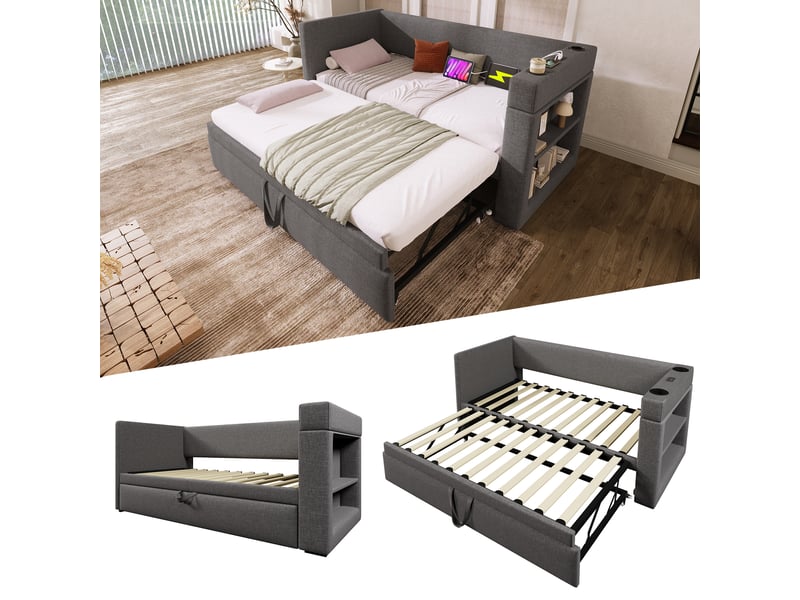  Canapé convertible gris avec lit d'appoint coulissant et port de charge usb  - Conforama W