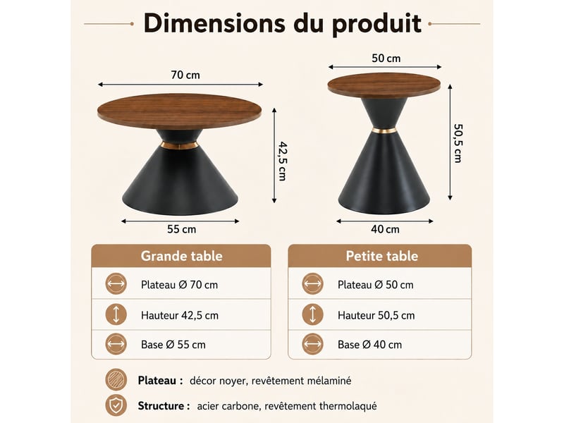  Lot de 2 tables basses rondes – plateau mélaminé aspect noyer, piètement conique noir – ø70 et ø50 cm  - Conforama D