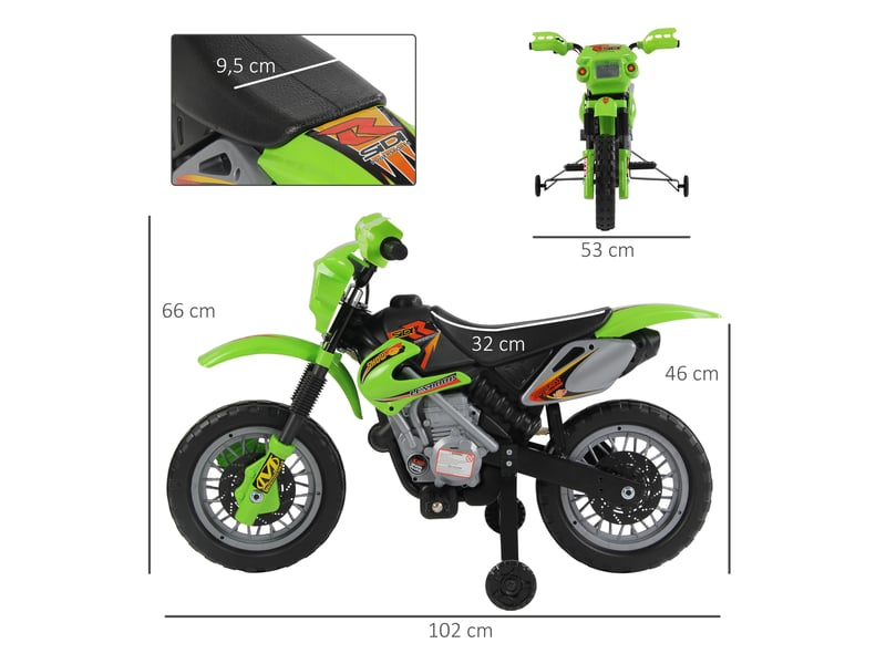  Moto électrique enfants, moto cross pour enfants avec batterie 6 v, phares, musiques et roues d'entraînement, 3 à 6 ans, charge 25kg, vert et noir  - Conforama E