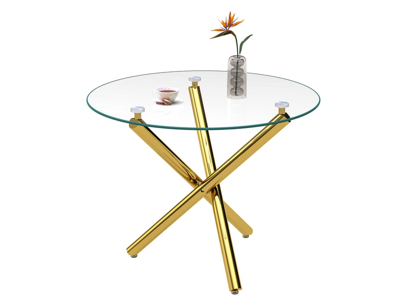  Table à manger ronde 80 x 80 x 76 cm, verre trempé, pieds en métal doré  - Conforama A