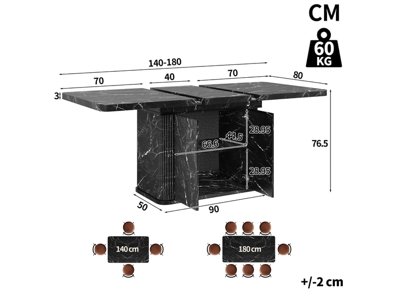  Table à manger extensible 140-180x80 cm – noir veiné – rangement dissimulé, plateau modulable – pratique  - Conforama C