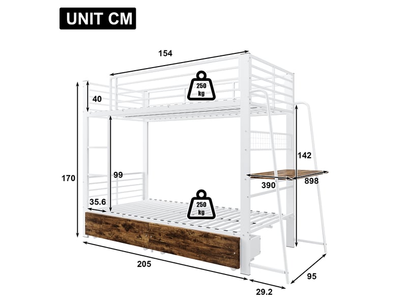  Lit superposé modenvie 90 x 200 cm avec bureau, éclairage led et tiroir de rangement en métal et mdf blanc mat et noyer foncé  - Conforama C