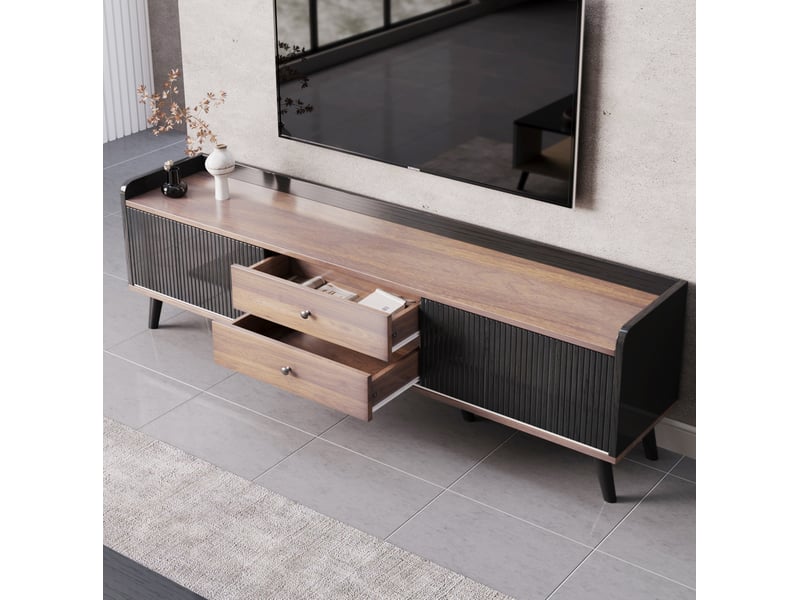  Meuble télévision bas 160x40x58 cm 2 portes coulissantes, 2 tiroirs, pieds bois, panneau particules e1, noir et bois  - Conforama R