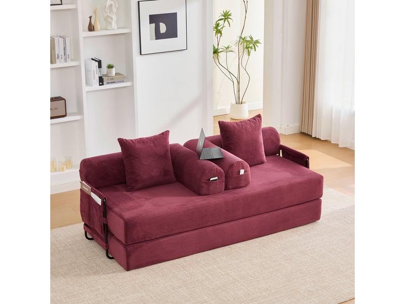 Canapé modulaire 3 places avec poches latérales et 3 coussins, structure en métal, velours côtelé rouge lie-de-vin - Conforama B