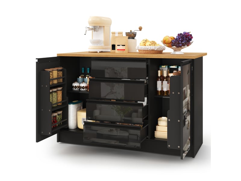 Îlot de cuisine 140 cm avec plan de travail extensible, meuble de rangement central avec 4 tiroirs et 2 placards, noir brillant et aspect bois. - Conforama A