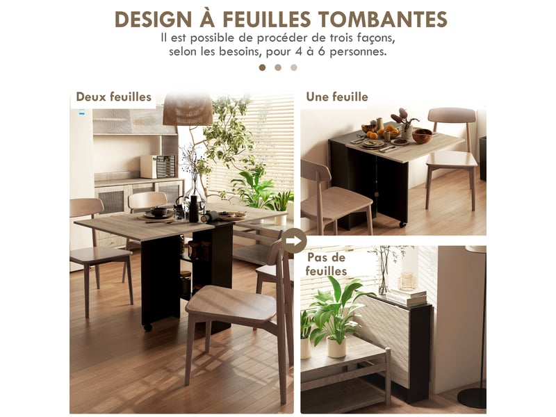  Table pliante de cuisine salle à manger amovible sur roulettes 75 x 140 x 74 cm chêne et noir coloris  - Conforama A
