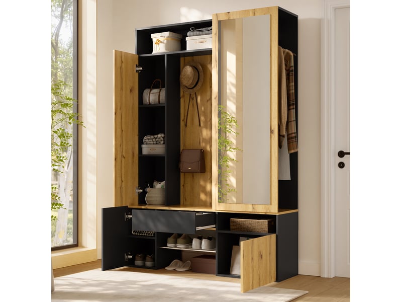  Meubles d'entrée avec miroir, penderie, porte-manteaux et rangement chaussures en mdf noir naturel 127 × 35 × 180,5 cm  - Conforama E