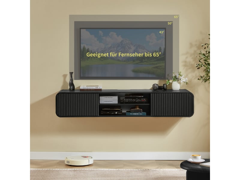  Meuble tv mural noir 160 cm - étagères ouvertes et rangement suspendu pour salon et chambre  - Conforama D
